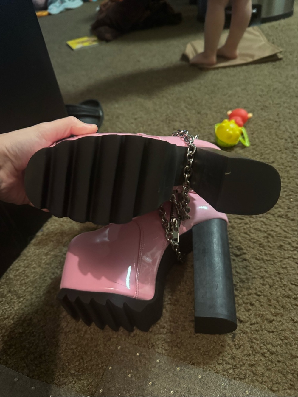 Dolls Kill Pink Patent Platform Lace-Up Boots with Black Ribbon Laces - Picture 4 of 6